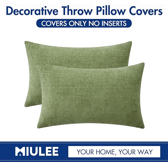 MIULEE Pack of 2 Couch Throw Pillow Covers 12x20 Inch Spring Soft Sage Green Chenille Lumbar Pillow Covers for Sofa Living Room Solid Dyed Cases