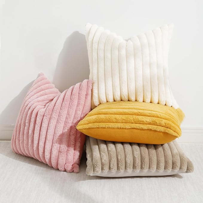 decorUhome Summer Cozy Faux Fur Throw Pillow Covers 26x26 Set of 2 Decorative Soft Plush Striped Modern Farmhouse Boho Couch Euro Sham Pillow Cases with Velvet Back for Sofa Bed Living Room, Pink