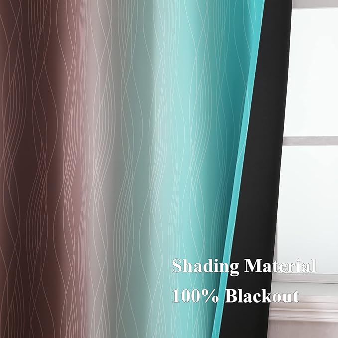 Estelar Textiler Ombre Blackout Curtains 102 Inches Long 2 Panels Set, Brown and Teal Thermal Insulated Drapes for Bedroom, Full Room Darkening Grommet Curtains for Living Room, 52Wx102L