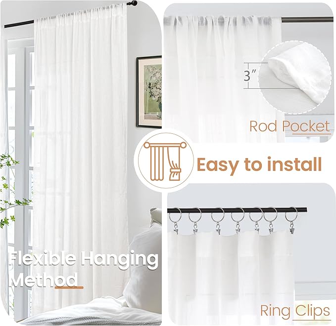 BGment White Linen Cafe Curtains 36 Inch Length, Small Drapes Semi Sheer for Bathroom Kitchen Decor Lightweight Rustic with Rod Pocket, 2 Panels Set, Each 24 Inch Wide