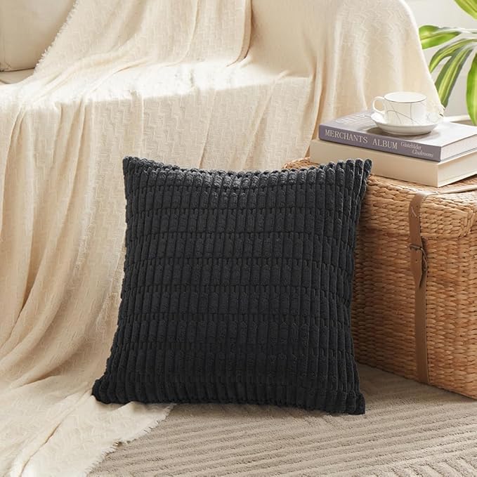 Fancy Homi 4 Packs Boho Black Decorative Throw Pillow Covers 14x14 Inch for Living Room Couch Bed Sofa, Rustic Modern Farmhouse Home Decor, Soft Plush Corduroy Cute Square Cushion Case 35x35 cm
