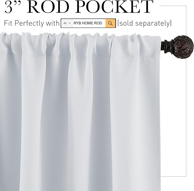 RYB HOME White Curtains for Bedroom - Room Darkening Thermal Insulated Window Draperies for Living Room Kitchen Home Office Bathroom Cafe, Wide 42 x Long 45, Greyish White, 1 Pair