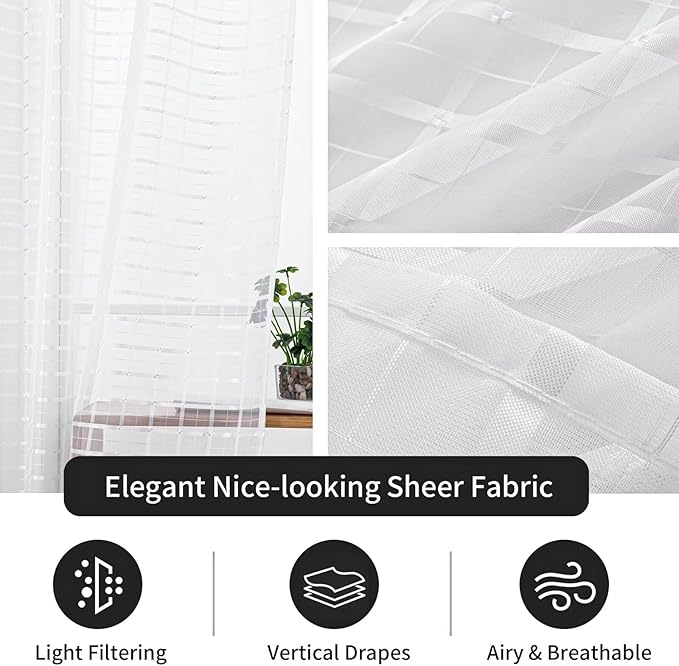 SpaceDresser Check Sheer Curtains 108 Inches Long for Living Room, Rod Pocket Plaid Semi Sheer Drapes for Kitchen Bedroom（White, 52W x 108L）