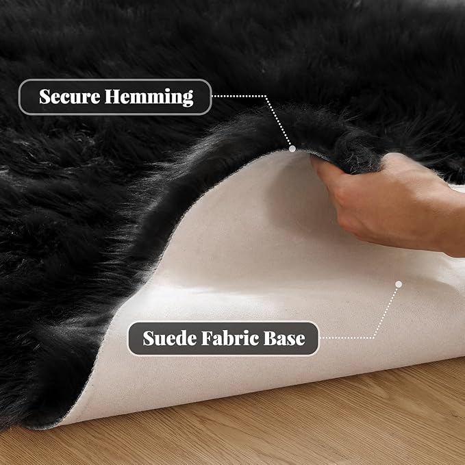 ORINOVA Black Fuzzy Faux Sheepskin Shaggy Fur Rugs for Bedroom Machine Washable Furry Rug 4x6 Area Rugs for Nursery Decor
