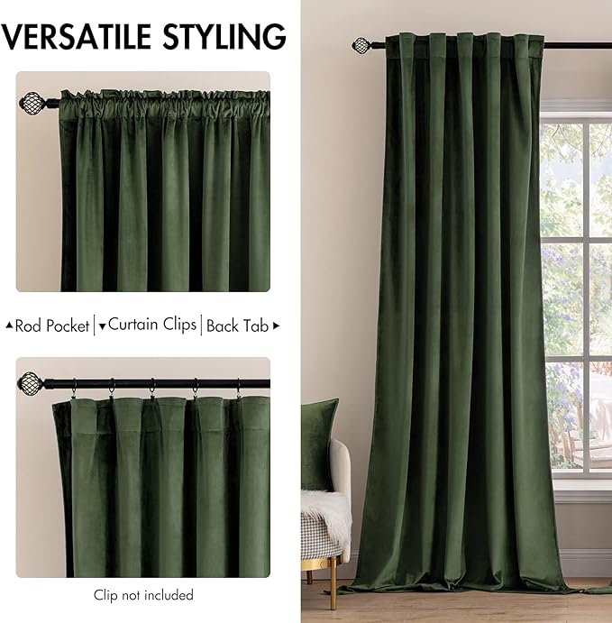 MIULEE Velvet Curtains 120 inches - Luxury Blackout Curtains for Bedroom Living Room Thermal Insulated Super Soft Window Drapes Rod Pocket & Back Tab, Olive Green, W52 x L120 inches, 2 Panels
