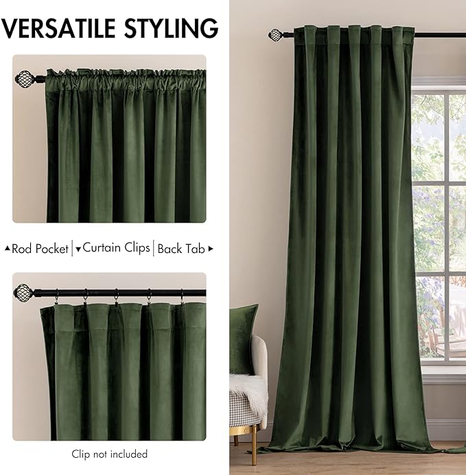MIULEE Velvet Curtains 105 inches - Luxury Blackout Curtains for Bedroom Living Room Thermal Insulated Super Soft Window Drapes Rod Pocket & Back Tab, Olive Green, W52 x L105 inches, 2 Panels