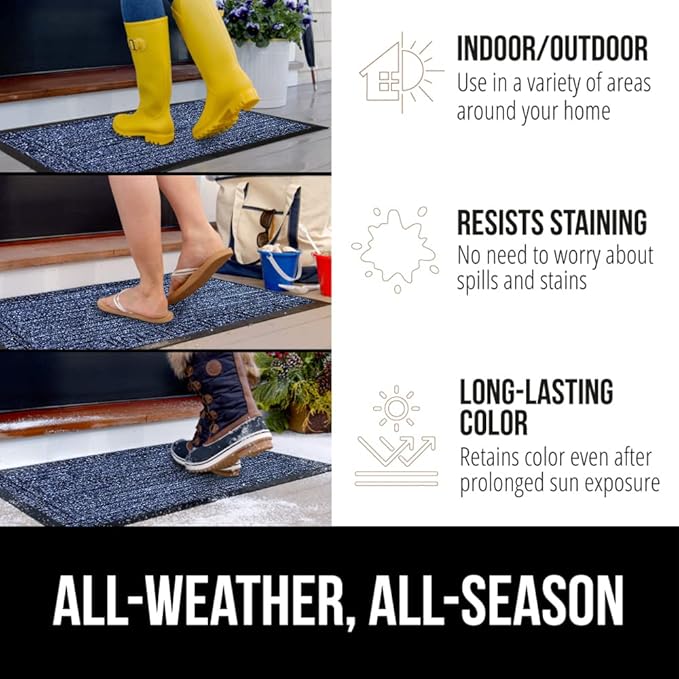 GORILLA GRIP 100% Waterproof All-Season WeatherMAX Doormat, 47x35, US Designed Natural Rubber, Stain and Fade Resistant, Low Profile Indoor Outdoor Door Mats, Easy Clean Patio Mat, Navy Greek Keys