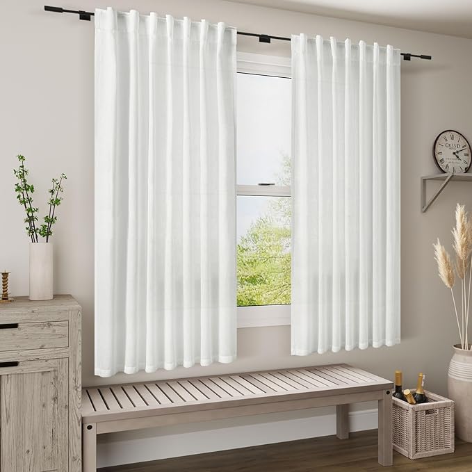 Nanspring White Semi Sheer Linen Curtains 58 Inch Length for Living Room 2 Panels Set Modern Farmhouse Window Curtain Back Tab Rod Pocket Light Filtering Privacy Drapes for Bedroom 52x58