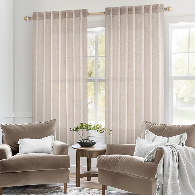 MIULEE Natural White Linen Curtains 54 Inch Length 2 Panels for Bedroom Living Room, Soft Thick Linen Textured Short Window Drapes Semi Sheer Light Filtering Back Tab Rod Pocket Burlap Look Decor