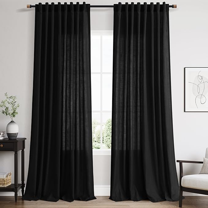 Nanspring Black 102 Inch Linen Curtains for Living Room Back Tab Rod Pocket Privacy Semi Sheer Light Filtering Curtains Simple Modern Soft Material Panel Drapes for Bedroom,2 Panels, 60x102
