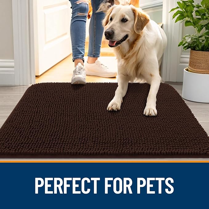 OLANLY Dog Door Mat for Muddy Paws 32x20, Absorbs Moisture and Dirt, Absorbent Non-Slip Washable Doormat, Quick Dry Chenille Mud Mat for Dogs, Entry Indoor Entryway Carpet for Inside Floor, Brown