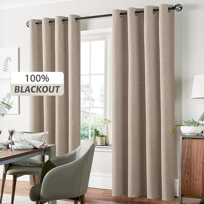Yakamok Natural Linen Curtains 100% Blackout 72 Inches Long,Room Darkening Textured Curtains for Living Room Thermal Grommet Bedroom Curtains 2 Panels with Greyish White Liner