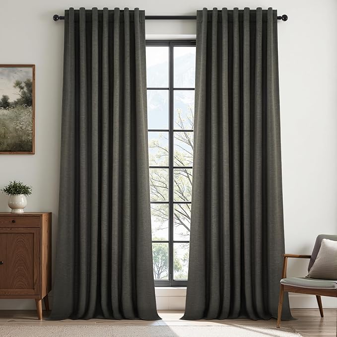 Topfinel 108 Inch Curtains 2 Panels Set Charcoal Grey Curtains 108 Inches Long for Livingroom Back Tab Hooks Pleated Blackout Tweed Linen Look Blacked Out Curtain for Bedroom,Dark Gray