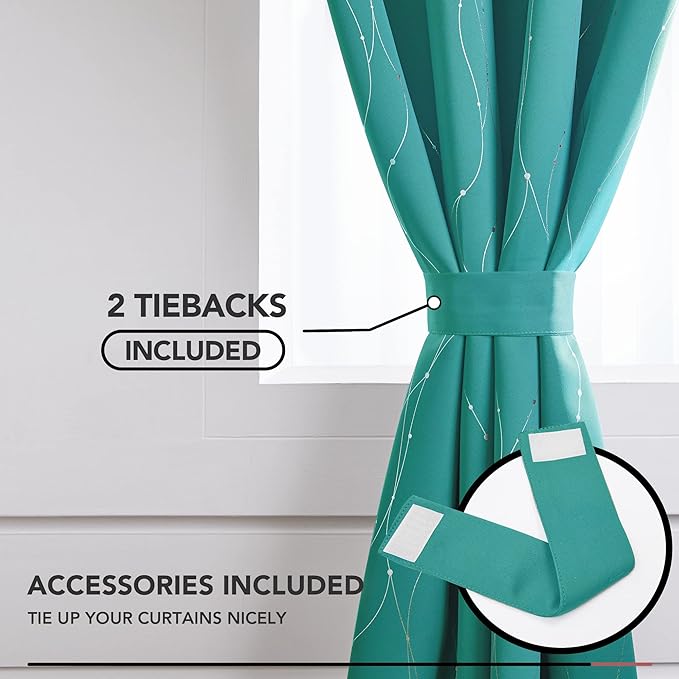 Deconovo Blackout Curtains for Living Room, Thermal Insulated Soundproof Drapes with Wave Dot Foil Print, 52 x 95 Inch, Set of 2, Machine Washable Window Curtain for Bedroom Sliding Door, Turquoise