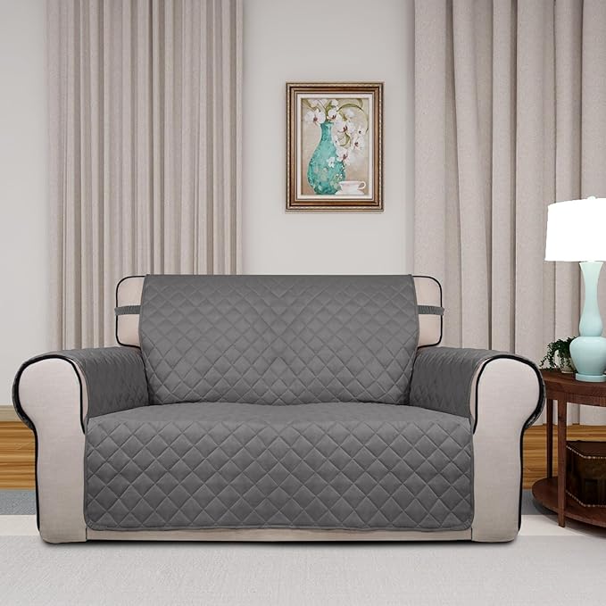 PureFit Reversible Quilted Sofa Cover, Water Resistant Slipcover Furniture Protector, Washable Couch Cover with Non Slip and Elastic Straps for Kids, Dogs, Pets (Loveseat, Gray/Ivory)