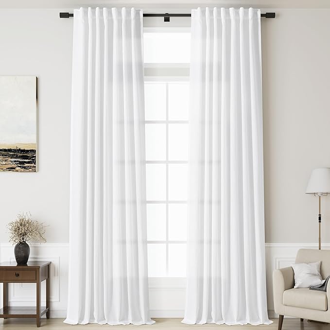 Nanspring White Extra Long Curtains 2 Panels Set 128 Inches Long for Dinning Room Back Tab Rod Pocket Light Filtering Semi Sheer Drapes Linen Textured Window Curtain for Bedroom 52x128