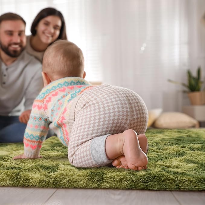 Goideal Fluffy Rug for Bedroom Living Room, 4x6 Green Area Rugs, Faux Fur Shag Modern Carpet Ultra Soft Girls Boys Room Home Decor, Tie-Dyed