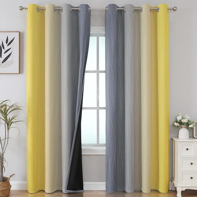 Estelar Textiler Yellow and Grey Blackout Curtains 102 Inch Length 2 Panels Set, Thermal Insulated Ombre Grommet Drapes for Bedroom, Full Room Darkening Gradient Curtains for Living Room, 52Wx102L