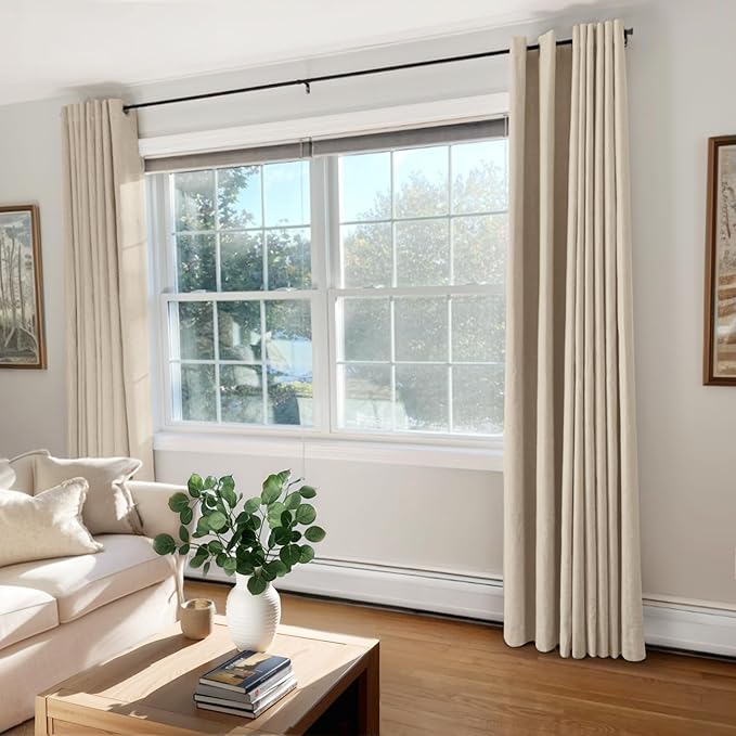 100% Blackout Shield Linen Blackout Curtains for Bedroom, Natural Flax Grommet Curtains for Living Room, Thermal Insulated Room Darkening Drapes for Nursery, Boho Home Decor, 50" W x 108" L, 2 Panels