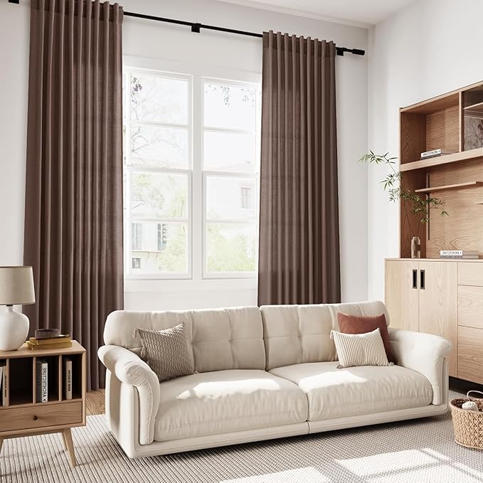 Cappuccino Linen Curtains 80 Inch Length for Living Room Light Filtering Semi Sheer Curtain Back Tab Rod Pocket Luxury Modern Rustic Home Decor Neutral Drapes for Bedroom Dinner Room 52x80, 2 Panels