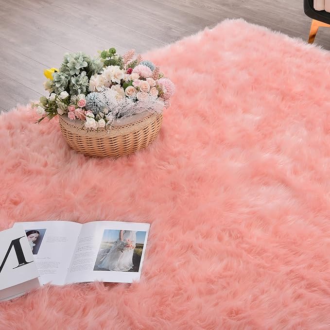 ORINOVA Shag Area Rugs 9x12 Rugs for Living Room Pink Washable Fluffy Sheepskin Fur Rugs for Bedroom Nursery Fuzzy Rug