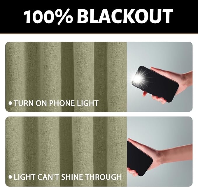 Yakamok Linen Sage Curtains 100% Blackout 84 Inches Long,Room Darkening Textured Drapes for Living Room Thermal Grommet Bedroom Curtains 2 Panels with Greyish White Liner