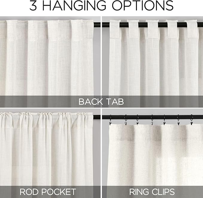 Nanspring Extra Long Beige White Curtains 108 Inch Length 2 Panels Set for Living Room Linen Semi Sheer Curtains Coastal Room Decor Floor to Ceiling Curtain for Bedroom Large Window 70x108