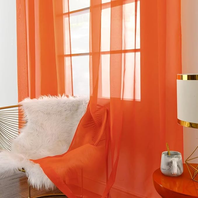 SpaceDresser Burnt Orange Sheer Curtains 4 Panels Rod Pocket Semi-Sheer Curtain 90 Inches Long Light Filtering Voile Window Drapes for Bedroom Living Room Kitchen, Each 52W x 90L