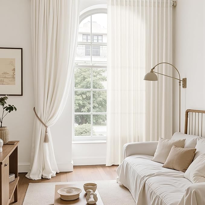 Nanspring Modern Linen Curtains for Living Room 72 Inches Long Light Filtering Semi Sheer Curtain Back Tab Neutral Luxury Modern Farmhouse Decor Linen Blend Drapes for Bedroom 52x72, 2 Panels