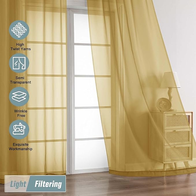 Gold Sheer Curtains 90 Inches Long 2 Panels, Light Filtering Solid Sheer Curtains for Bedroom Living Room, Lightweight Soft Airy Window Voile Sheer Drapes, Dual Rod Pocket, 2x42Wx90L Inches