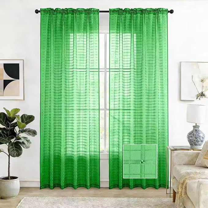 SpaceDresser Check Sheer Curtains 45 Inches 2 Panels Set, Rod Pocket Plaid Window Curtain for Living Room, Green Semi Sheer Drapes for Kitchen Bedroom Children Room Yard（Green, 52W x 45L）