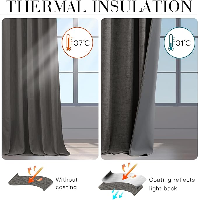 RYB HOME Grey 100% Blackout Linen Curtains 72 inch Long, Thermal Insulated & Privacy Assurd Drapes for Bedroom/Office/Nursery, Rod Pocket & Back Tab Window Treatment, W52 X L72, 2 Panels