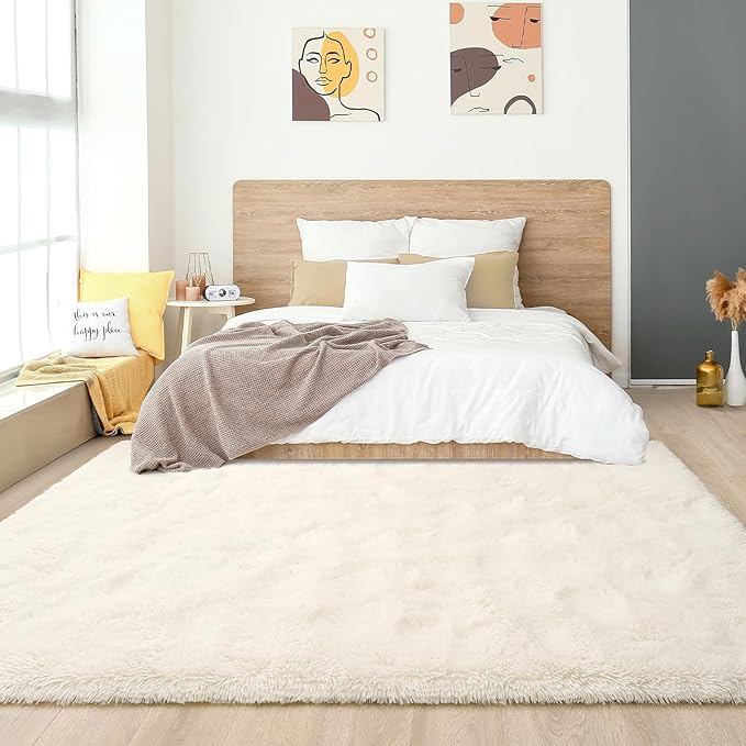 Amearea Premium Soft Fluffy Rug Modern Shag Carpet, 6x9 Feet, Fuzzy Shaggy Rugs for Bedroom Living Room Teen Apartment Decor, Comfortable Indoor Furry Dorm Carpets, Cream