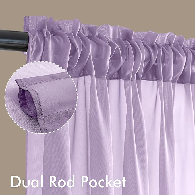 MIULEE Light Purple Sheer Curtains 63 Inches Long, 4 Panels Set, Lavender Light Filtering Rod Pocket Voile Drapes for Living Room and Bedroom, Airy Soft Fabric Window Treatments, 42 x 63 Inches