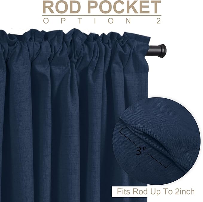 100% Blackout Shield Linen Blackout Curtains for Bedroom 120 Inches Long, Back Tab/Rod Pocket Living Room Drapes, Thermal Insulated Blackout Curtains 2 Panels Set, 50" W x 120" L, Midnight Blue