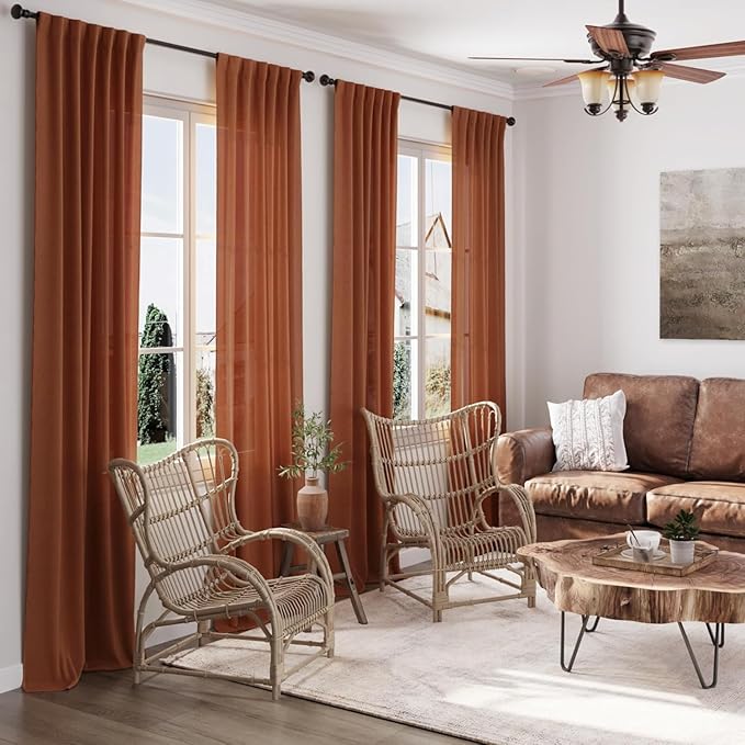 Nanspring Extra Wide Long Curtains for Living Room 108 Inches Long Back Tab Terracotta Linen Semi Sheer Rustic Farmhouse Boho Floor to Ceiling High Window Curtain for Bedroom Luxury 100x108, 2 Panels