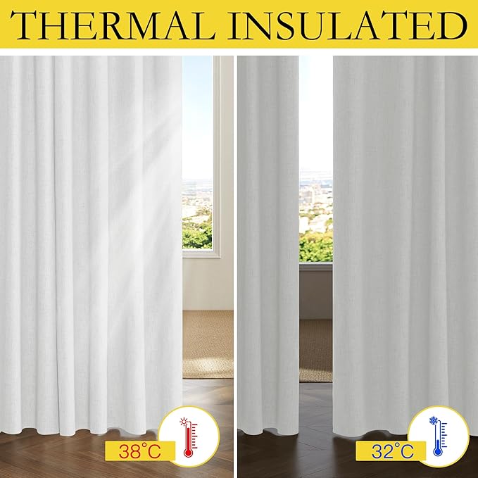 NICETOWN 100% Absolutely Blackout Linen Curtains with Thermal Insulated Liner, Greyish White, 52" Wide, 108" Length Energy Saving Curtains for Living Room 2 Panels Set, Vertical Blinds