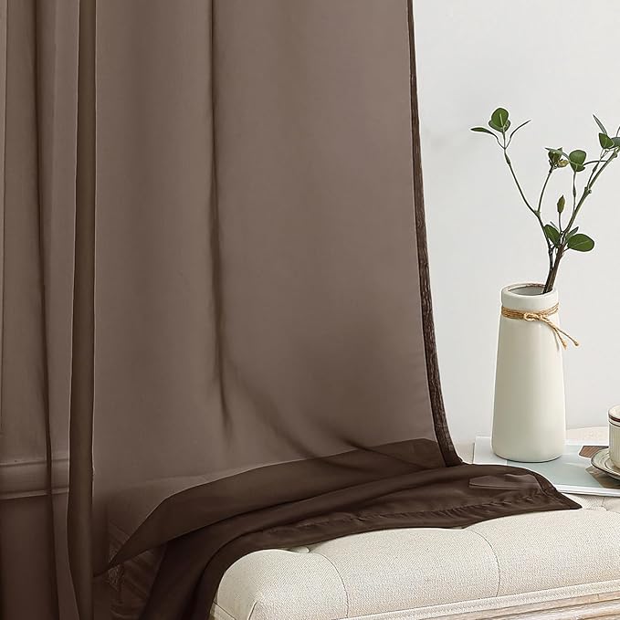MIULEE Chocolate Brown Sheer Curtains 63 Inches Long 2 Panels, Light Filtering Voile Drapes with Rod Pocket for Bedroom and Living Room Windows