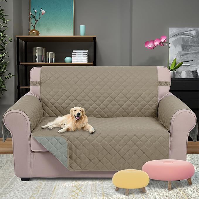 U-NICE HOME Loveseat Sofa Cover Reversible Couch Cover for Dogs with Elastic Straps Water Resistant Furniture Protector for Pets Couch Cover for 2 Cushion Couch (Loveseat, Khaki/Light Grey)
