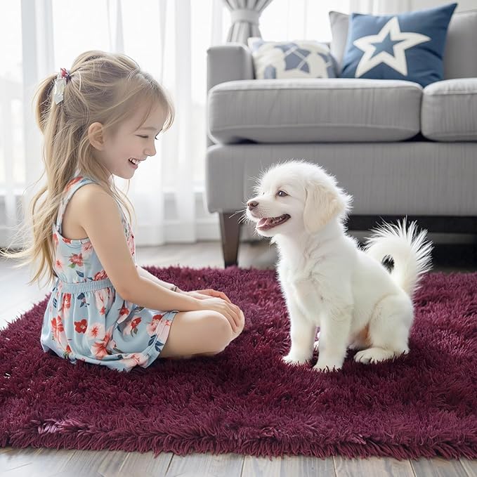 Area Rugs 9x12 Living Room, Shaggy Carpet Soft Plush Furry Bedside Rug Large Area Rugs for Bedroom Kids Girls Boys Home Decor Anti Slip(9 x 12, Burgundy)