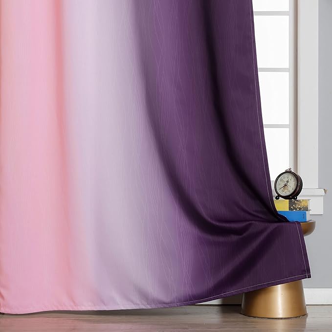 Ombre Pink and Purple Blackout Curtains 84 Inches Long, Full Room Darkening Curtains for Bedroom, Completely Light Blocking Grommet Thermal Insulated Gradient Drapes for Kids Room,52x84 Inch, 2 Panels
