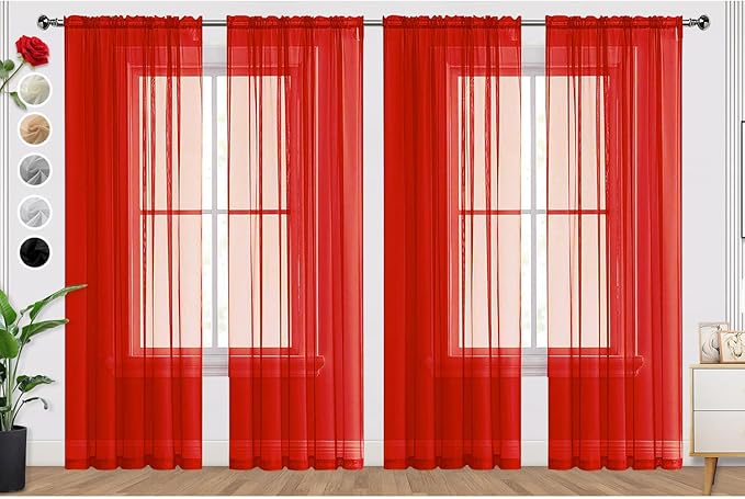 SpaceDresser Sheer Red Curtains 4 Panels Rod Pocket Semi-Sheer Curtain 63 Inches Long Light Filtering Voile Window Drapes for Bedroom Living Room Kitchen, Each 52W x 63L