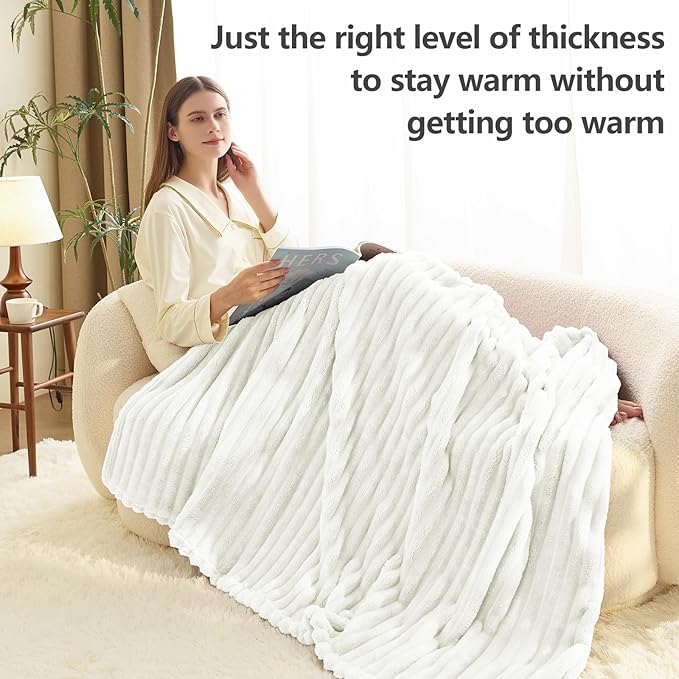 HIMEET Off White Ribbed Twin Blanket for Bed - 300GSM Lightweight Soft Fleece Blanket for Women, Cozy Blankets Graduation Birthday Gifts, Striped Spring Home School Dorm Decor, Off White, 60x80 Inches