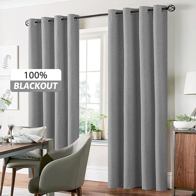 Yakamok Dove Grey Linen Curtains 100% Blackout 90 Inches Long,Room Darkening Textured Curtains for Living Room Thermal Grommet Bedroom Curtain 2 Panels with Greyish White Liner