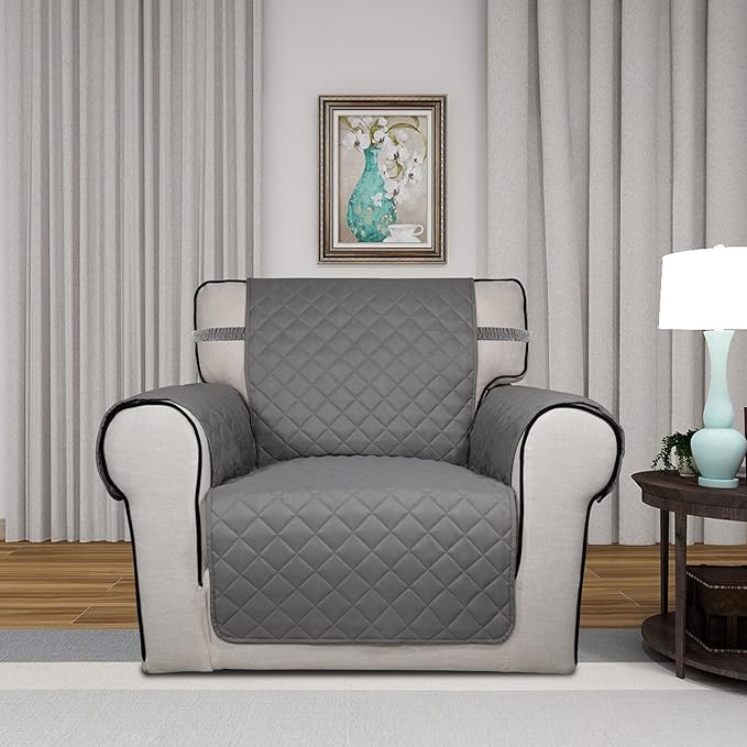 PureFit Reversible Quilted Sofa Cover, Water Resistant Slipcover Furniture Protector, Washable Couch Cover with Non Slip and Elastic Straps for Kids, Dogs, Pets (Chair, Gray/Gray)