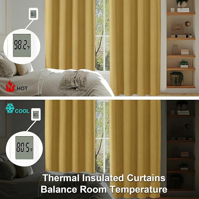 Simplebrand Ava Bright Gold Short 36 Inches Blackout Curtain 2 Panels Set, Half Window Rod Pocket Privacy Curtain Tiers for Kitchen, Curtains Blackout for Bathroom Shades, W40 x L36 Inch, Bright Gold