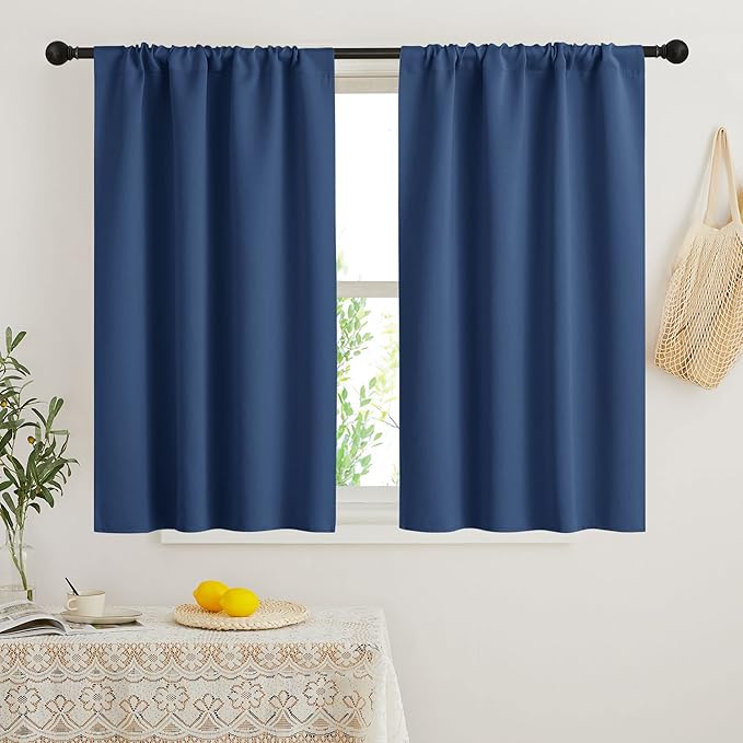 RYB HOME Short Blackout Curtains for Bedroom, Room Darkening Insulated Summer Heat Light UV Blocking Energy Saving Drapes for Nursery, Width 42 by Length 48, Navy Blue, Set of 2