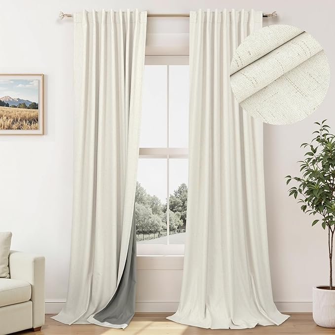 Total Blackout Linen Curtains 80 Inches Long for Bedroom Thick Thermal Rustic Country Lightweight Black Out Curtain for Living Room Window Drape Ivory Cream Colored Back Tab 2 Panels Wide 60x80 Length