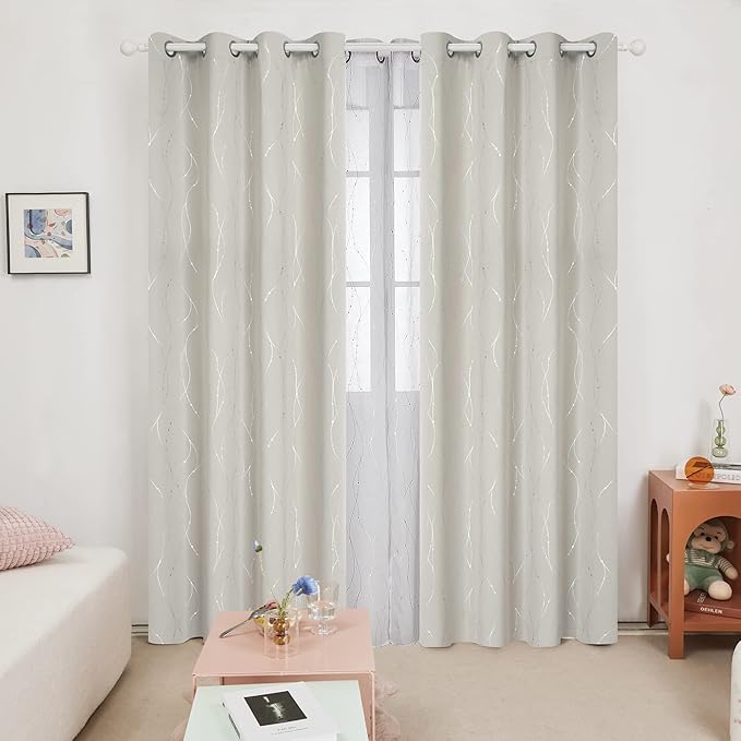 Deconovo Room Darkening Curtain, Beige Curtain, Thermal Insulated Noise Reducing Drapes, Silver Wave Dots Print, 52 x 108 Inch Long, Grommet Window Panels for Living Room Sliding Glass Door, Set of 2