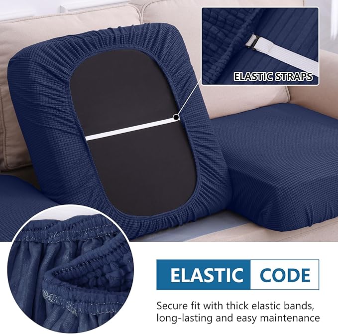 hyha Waterproof Couch Cushion Covers for Pets, Non Slip Sofa Seat Cover for Dogs Washable, Soft Thick Stretch Jacquard Fabric, Sofa Slipcovers with Elastic Bottom (2 Pieces, Navy)